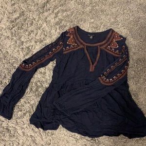 Navy Boho Stitched Top
